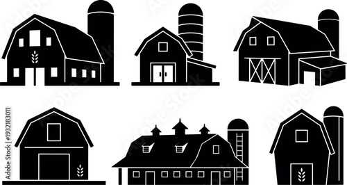 Flat design barn silhouette icon set six agricultural buildings different angles isolated vector art in black minimalist rural farm collection