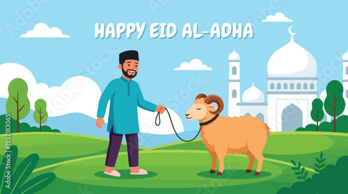 Happy Eid Al Adha illustration man leading a sheep near mosque
