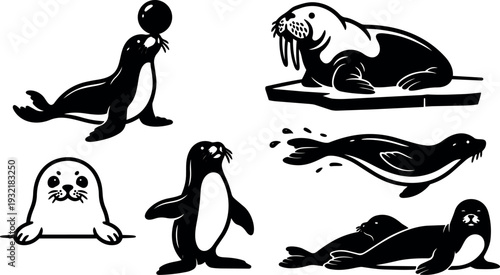 Silhouette vector collection featuring walrus with tusks penguin standing seal lying on ice close up side view playful simple silhouettes
