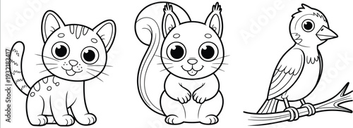 Black and white cartoon animals illustration featuring cat, squirrel, and bird with exaggerated eyes, perfect for coloring pages, children’s art, and educational design projects