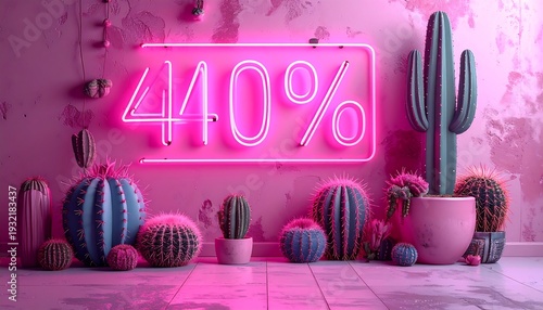 Pink neon-lit number against wall, cacti of various colors, potted and natural, in vivid display