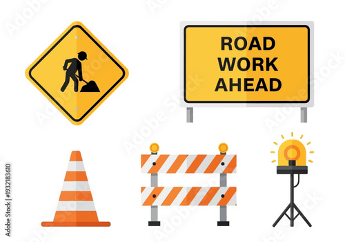Set of graphic illustrations depicting road construction signs, traffic cones, and barrier for safety and traffic management