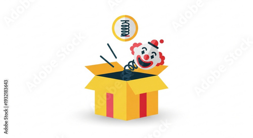 Surprised cartoon clown popping out of a yellow gift box with a spring expressing excitement and joy on a white background