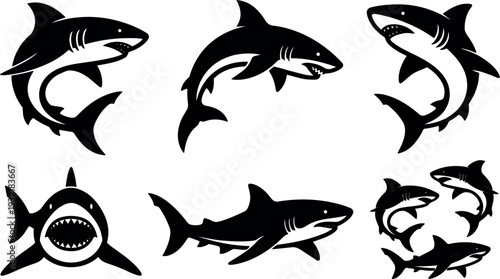 Flat design silhouette shark vector set showing six black sharks in various swimming poses side view ocean aggressive minimal