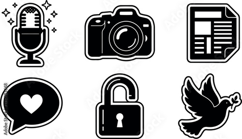 Flat line art icon set with microphone camera newspaper speech bubble heart open padlock and flying dove minimalist monochrome sticker