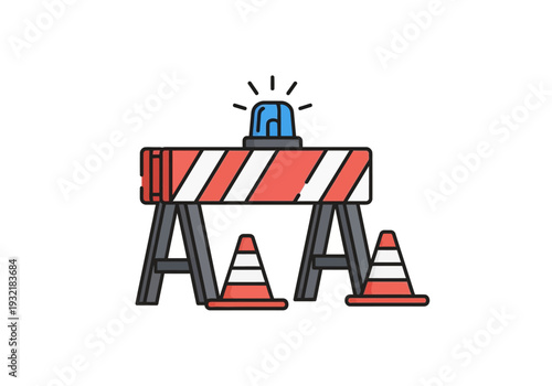 Construction barrier with flashing light and traffic cones, signifying road closure or work in progress