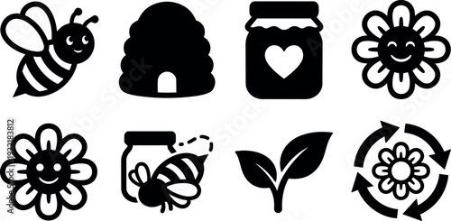 Flat icon set of bee hive honey jar and flowers in simple black silhouette close up for eco friendly branding