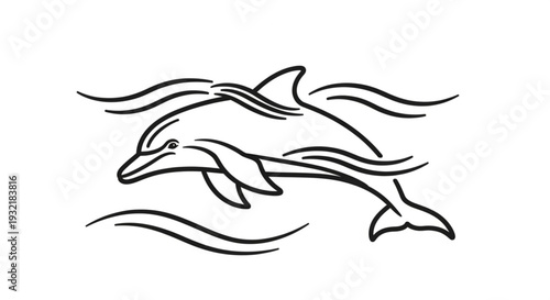 Dolphin jumping out of water simple black line art illustration dynamic movement aquatic mammal ocean creature fluid design