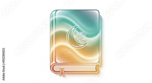 Iridescent book with crescent moon symbol on cover glowing green and orange hues mystical design element