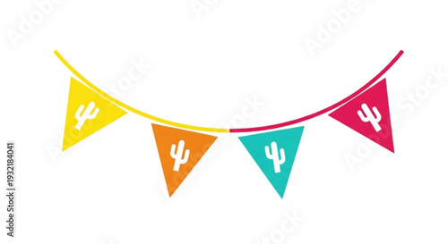 Colorful triangular bunting flags with cactus symbols on white background festive decoration for celebration or party