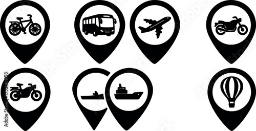 Flat design travel icons set location pins including bicycle bus airplane motorcycle ship and hot air balloon black silhouettes vector