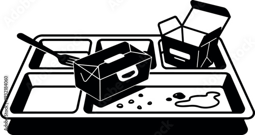 Minimalist monochrome vector top view cafeteria tray with open lunch box spilled sauce spoon fork school lunch mess empty compartment