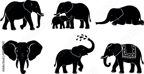 Flat silhouette vector set showing african elephant family walking sleeping baby trunk raised head front decorative saddle pose side icons