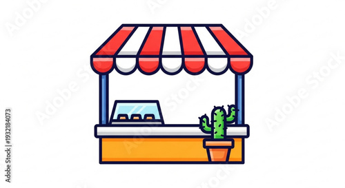 Colorful street food cart with red and white striped awning and potted cactus on counter