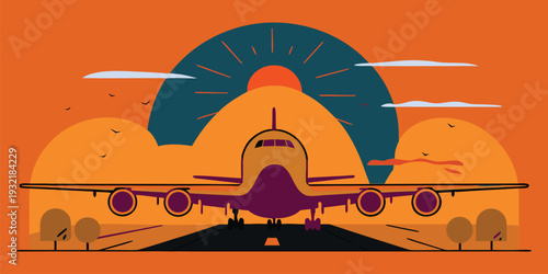 Retro style illustration of a jet plane taking off from a runway during a vibrant sunset