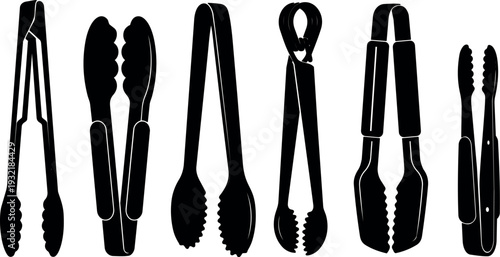 Flat design close up row of five different kitchen tongs showing grip details and handle shapes on white studio background