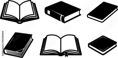 Line art book icon set showing six book views open closed stacked perspective simple black vector illustration for layout design