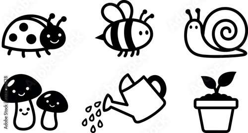 Minimalist line art insect and garden icon set six black icons including ladybug bee snail mushrooms watering can potted plant