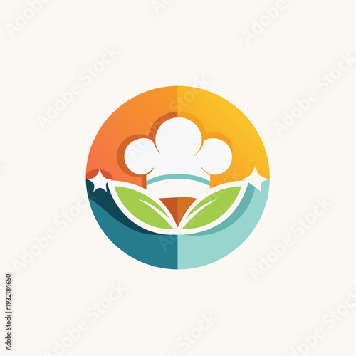 Chef Hat with Leaves and Stars in a Circle Logo
