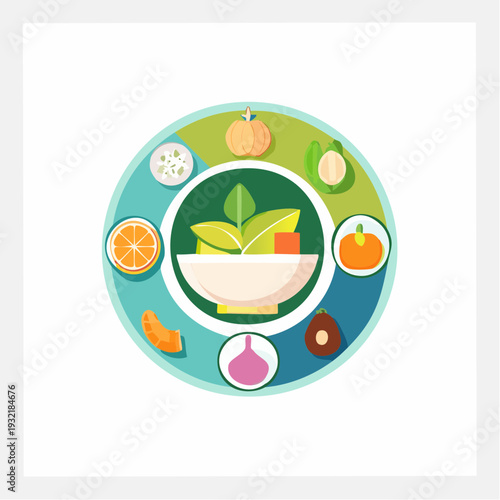 Healthy Food Circle Illustration with Fresh Ingredients in a Bowl