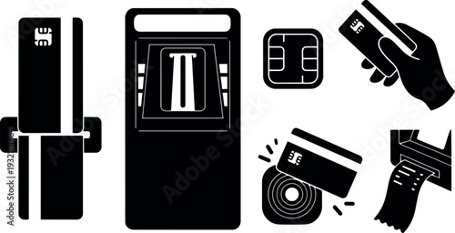 Flat design close up of payment terminal with card swipe receipt roll contactless symbol black silhouette bold icon set view