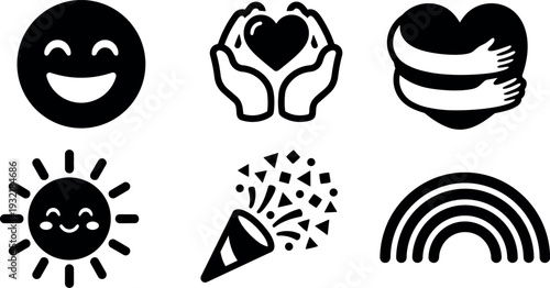 Flat icon set smiling face hands holding heart wrapped heart sun with face party popper rainbow simple black vector icons