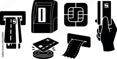 Minimalist vector icons showing hand inserting credit card into atm and cash dispensing with receipt and contactless tap monochrome silhouette