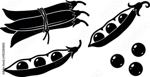 Minimalist silhouette vector pea close up top view three open pods loose round peas tied bundle flat design
