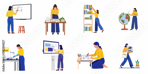 Diverse roles of a modern female teacher: illustrating various educational activities from classroom instruction to planning and research.