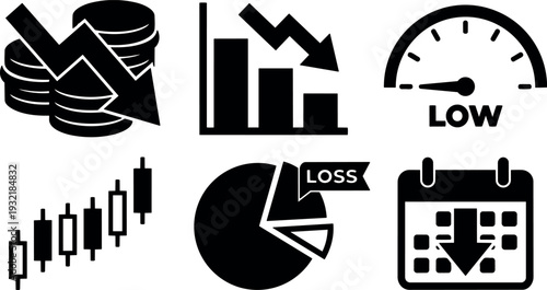 Flat design black financial loss icon set showing downward charts coins pie chart speed gauge and calendar minimalist vector illustration