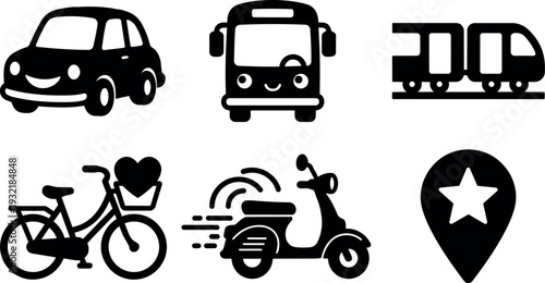 Flat design travel icon set black transport silhouettes car bus train bicycle scooter and location pin on white clean minimal