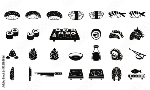 Sushi Icon Set – Japanese Food, Nigiri, Maki and Seafood Silhouette Vector Collection
