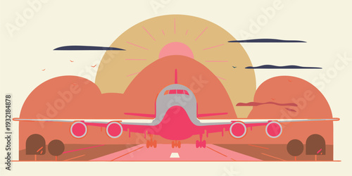 Stylized vintage illustration of an airplane taking off from a runway into a warm summer sunset