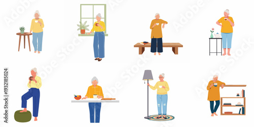 Collection of senior women enjoying coffee or tea at home in various relaxed and comfortable settings, illustrating independent elderly life.