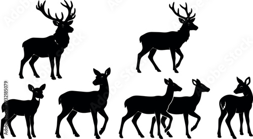 Minimalist silhouette vector set of deer and elk in various poses standing walking grazing trotting looking sideways close up profile
