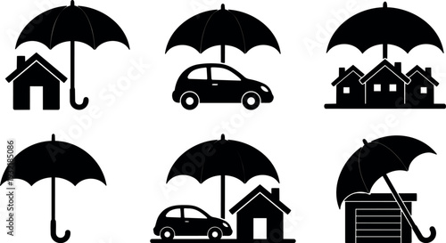 Flat design umbrella icons protecting house car and garage set overhead view black silhouette minimalist insurance concept vector icon pack