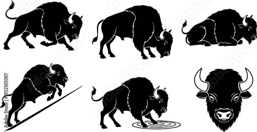 Silhouette vector set of american bison in multiple poses charging grazing standing head closeup front facing isolated on white background
