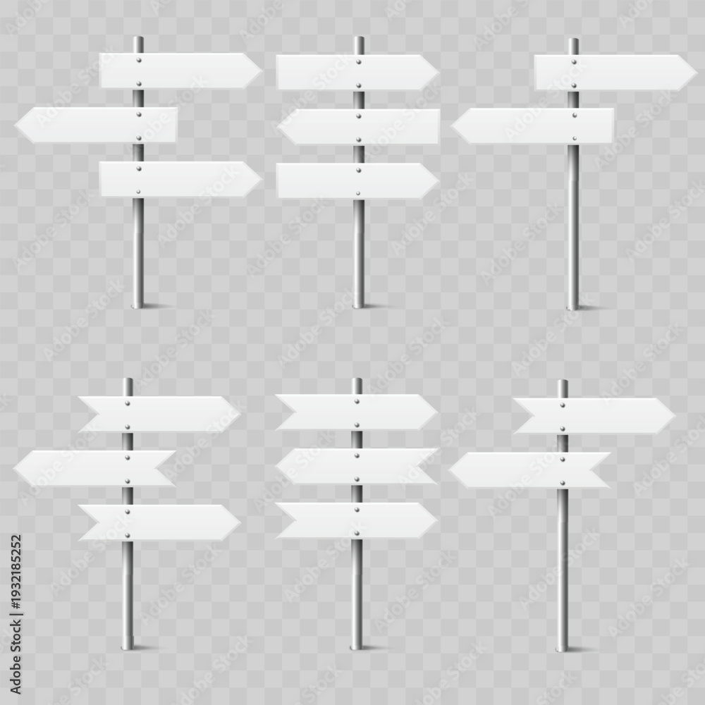 Obraz premium Realistic White Street Signpost Set. Vector Blank Wayfinding Direction Arrow Boards on Metal Poles.