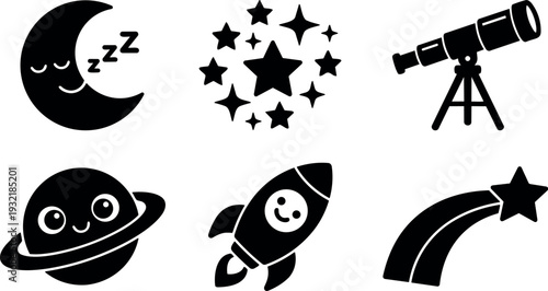 Flat design space icon set close up smiling moon telescope rocket planet shooting star simple black silhouettes on white background