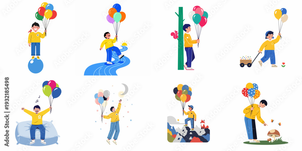 Fototapeta premium Whimsical Adventures of a Boy with Balloons Exploring Nature and Life's Journeys with Joy and Imagination