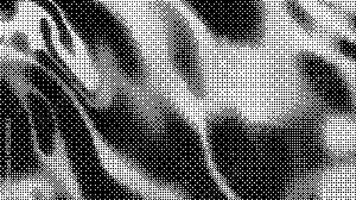 Grayscale abstract halftone dither wave pattern with pixelated dots texture retro graphic design illustration