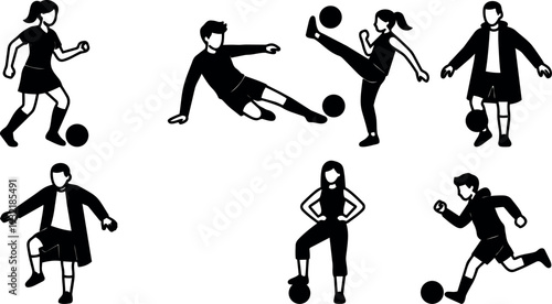 Minimalist silhouette vector showing seven soccer players in dynamic poses with ball action studio style black and white side view