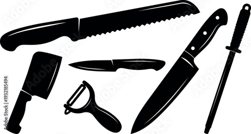 Silhouette vector flat design top view kitchen knives and tools arranged with serrated bread knife cleaver paring peeler sharpening steel