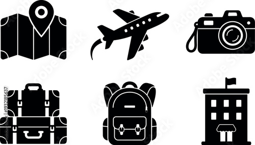 Flat travel icon set map with pin airplane camera rolling suitcase backpack and hotel black vector silhouettes minimal collection icons