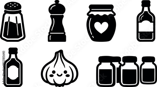 Flat design close up condiment and pantry icon set showing salt pepper jam bottle garlic and spice jars in silhouette