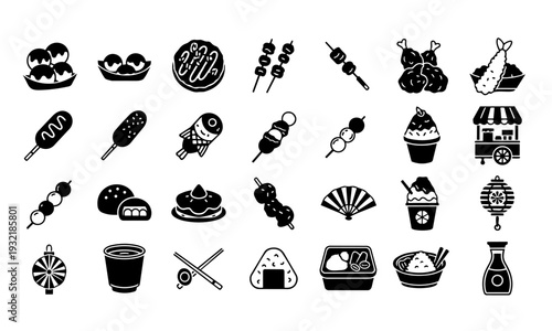 Japanese Street Food Icon Set – Dango, Takoyaki, Tempura and Festival Food Silhouette Collection