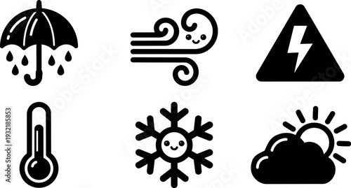 Flat design weather icons set umbrella rain wind lightning thermometer snowflake sun behind cloud simple black vector minimal line stroke