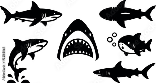 Silhouette vector sharks in dynamic swimming poses with open mouth dorsal fin side view top view and playful bubbles arrangement