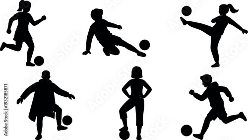 Minimalist silhouette soccer players in various action poses six figures vector art black icons on white background kicking dribbling running