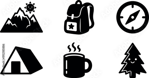 Flat icon set camping essentials six black silhouette icons mountains backpack compass tent mug pine tree simple vector collection illustration